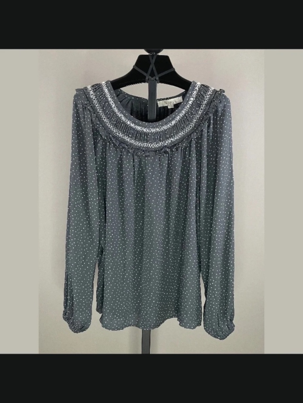 NEW Loft Shirt Womens Large gray white dot blouse preppy business casual
